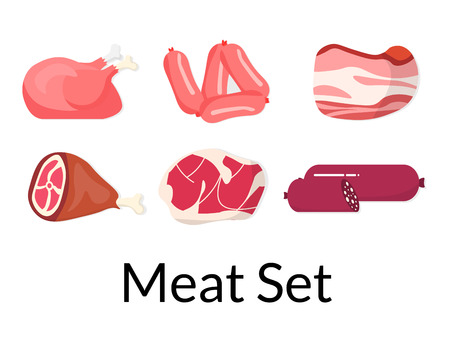 Vector flat meat set. Includes chicken, sausages, bacon, pork rudders, pork ribbon and sausage. Colorful meat. Tasty food set isolated on white background.のイラスト素材