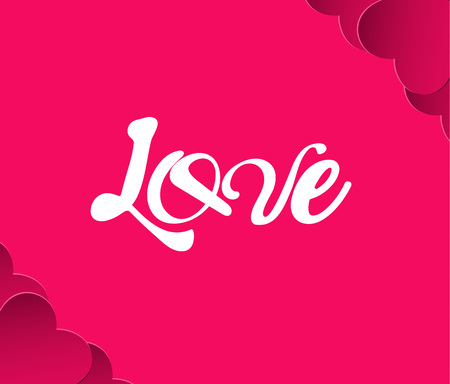 The inscription "love" is isolated on a pink background. Decorated with cut paper hearts on the corners. To the day of the St. Valentine's. The relationship between the pair. Hand drawn word "love".のイラスト素材