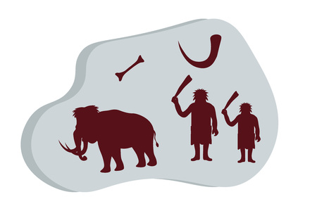 Ancient stone with rock paintings. Cave people hunt for mammoths, life of cavemen. Stone age, ice age template for presentation, banners, books flat vector illustration.のイラスト素材