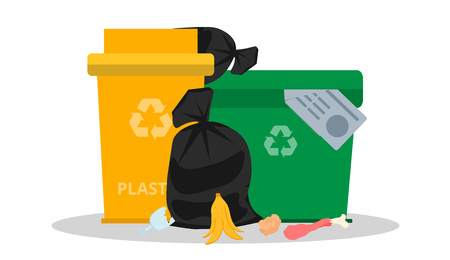 Overflowed garbage cans. Garbage on the ground. Dump. Concept of environmental pollution. Tank for plastic and mixed waste. Waste processing. Trash bags. Garbage recycling and utilization equipment.のイラスト素材