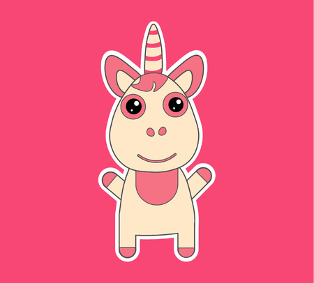 Cute sweet pink unicorn standing on pink background. Fantasy magic animal. Unicorn sticker. Template for print invitation, flyers, stickers, t-shirt, cup or bag design. Flat vector illustration.のイラスト素材