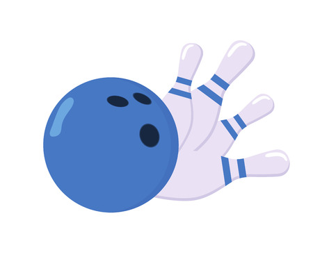 Set for bowling. A ball and four pins. The ball knocks down skittles. The concept of a sports game. The concept of bowling. Flat vector illustration isolated on white background.のイラスト素材