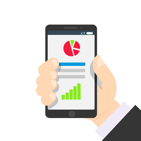 Hand with mobile phone. Site interface on mobile screen. Business page concept. Concept of online searching. Modern technology user interface. Flat vector illustration isolated on white background.のイラスト素材