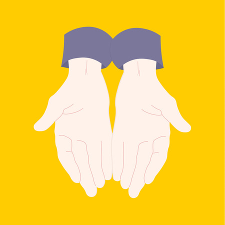 Young man pair of hands with exposed palm.   Flat vector illustration  Isolated on yellow background.のイラスト素材