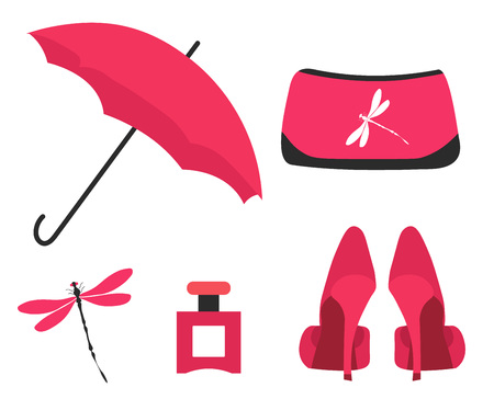 A set of fashionable glamorous things. Includes umbrella, high-heeled shoes, cosmetic bag, perfume, brooch - dragonfly. Fashion, beauty, cosmetics, daily look set. Flat vector illustration on white.のイラスト素材