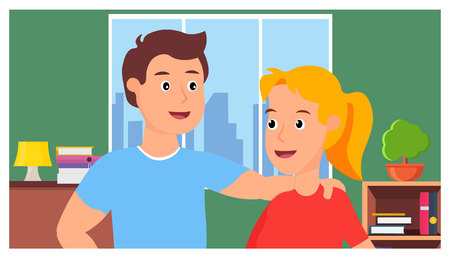 Photo of a guy and a girl in the background of a living room. Nice couple. Photo of a young family in a frame. Love story concept. Flat vector illustration.のイラスト素材