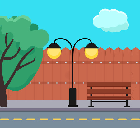 Street background. Urban landscape. Fence, tree, bench, double modern street lamp, road. Illustration of the city for games, banners, the web. Flat vector illustration. Isolated on white.のイラスト素材