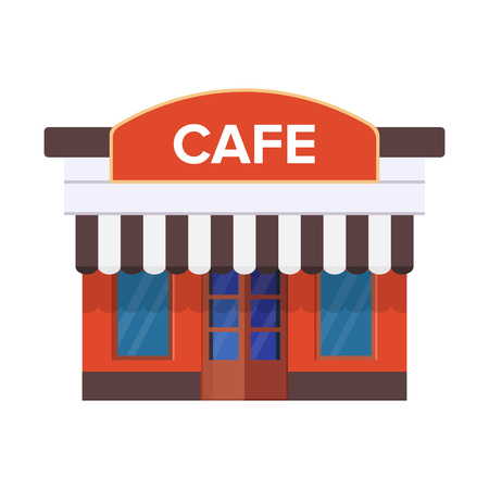 A street cafe or coffee shop. Urban coffee house. View from the outside. European little cafe with a large sign. Business and commerce store. Flat vector illustration. Isolated on white background.のイラスト素材