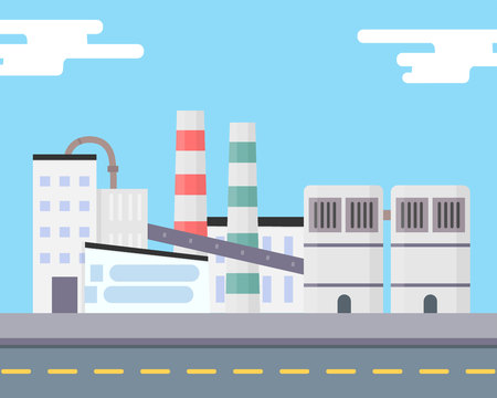 The industrial factory stands near the road. Outside view. Modern manufacturing building. Eco factory concept. Non-pollution technology. City landscape. Flat vector illustration isolated.のイラスト素材