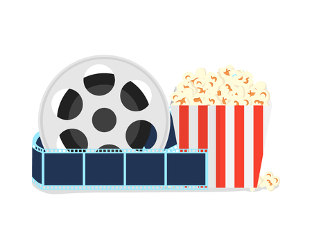 Elements of the film industry. Film strip near full popcorn box. Elements of the movie. Online cinema concept. Cinematography. Flat vector illustration isolated on white background.のイラスト素材