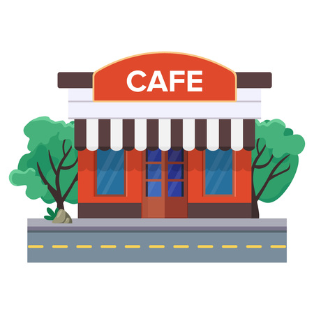 A street cafe or coffee shop near the road and trees behind building. Urban coffee house. View from the outside. European little cafe with a large sign. Flat vector illustration. Isolated on white.のイラスト素材