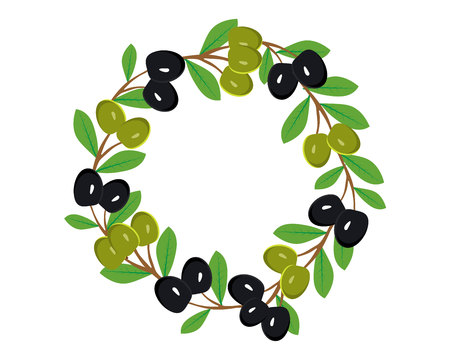 Branches of green and black olives collected in a wreath. Organic food. Banner template. Plant frame. Flat vector illustration isolated on white background.のイラスト素材