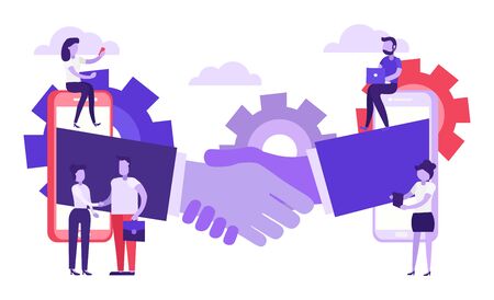 Online partnership concept. Signing documents. Man and woman hand shake, meeting agreement,team work, start up, hiring. People employers with laptops and documents. Corporate deal success. Flat vector.のイラスト素材