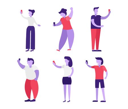 Character do selfie set. People taking selfie. Women, men and children stand and hold their smartphones and texting, talking, listening music. Flat cartoon style vector illustration isolated.のイラスト素材