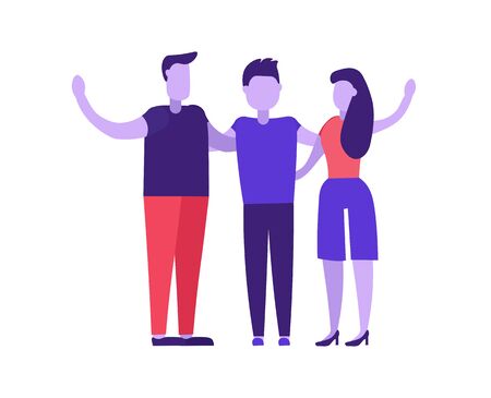 Two man and woman cartoon characters hanging each other. Celebrating friendship day concept.  Happy friends together. Modern flat vector illustration. Teamwork. Greeting card designのイラスト素材