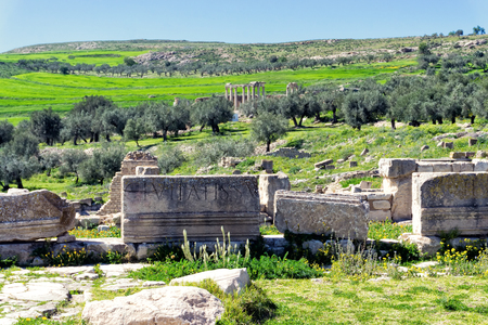 Remains of columns in the ancient Roman ruins with Juno temple  in the background in Dougga, Tunisiaの写真素材