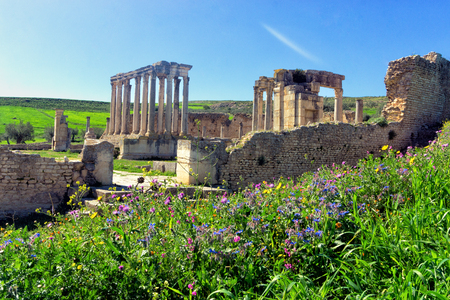 Landscape of ruins of the Theater in Dougga, Tunisiaの写真素材