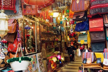 TUNIS, TUNISIA -APRIL 3: View of a store with a variety of leather bags, accessories and lamps  in the medina market in  Tunis, Tunisia on April 3, 2018.のeditorial素材