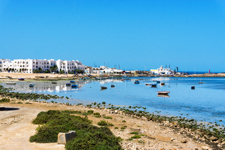 Djerba beach with Mediterranean sea view in Houmt El Souk, Tunisia.の写真素材