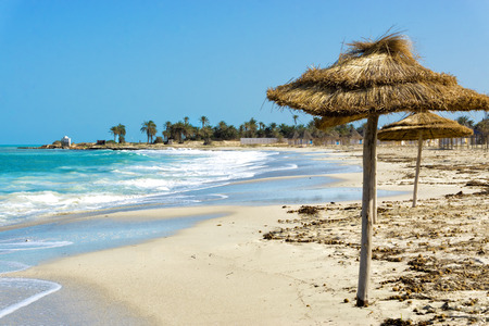 View of beach in the coastal area of Djerba in Tunisiaの写真素材