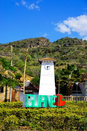 Clock tower in main park in Guane, Santander, Colombiaの写真素材