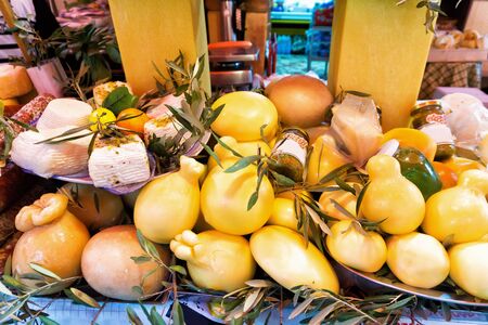 Stand with variety of traditional and aged cheeses in Palermo, Italyの写真素材