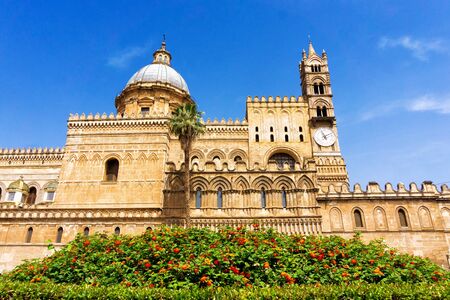 View of the  Palermo Cathedral and colorful garden in Palermo, Italyの写真素材