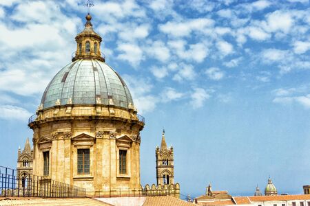 One of the towers of the Palermo Cathedral in Palermo, Sicily, Italyの写真素材