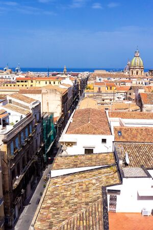 Vertical view of the city with the background Mediterranean sea in Palermo, Sicily, Italyの写真素材