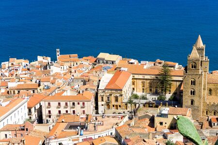 Beautiful view of center of Cefalu in Sicily, Italyの写真素材