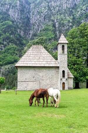 Church and horses in the Theth Valley with background the mountains of Albanian Alps, Albaniaの写真素材
