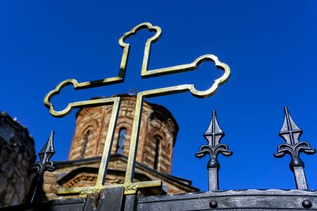 VIew of Orthodox cross of the Gracanica Serbian Orthodox Monastery in Kosovoの写真素材