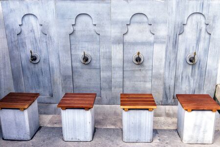 Stone washbasins for prayer in mosque in Prishtina, Kosovo