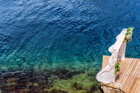 Wooden arch for the wedding ceremony on the shore of the Bay of Kotor, Montenegroの写真素材