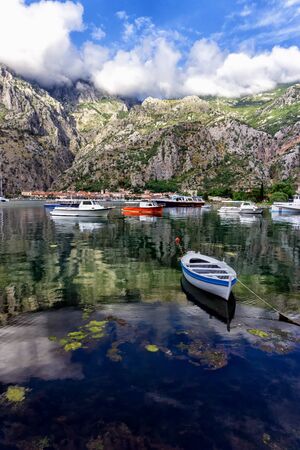 Colorful boats in Bay of Kotor in Montenegroの写真素材