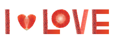Word love written with strawberries on white background.の写真素材