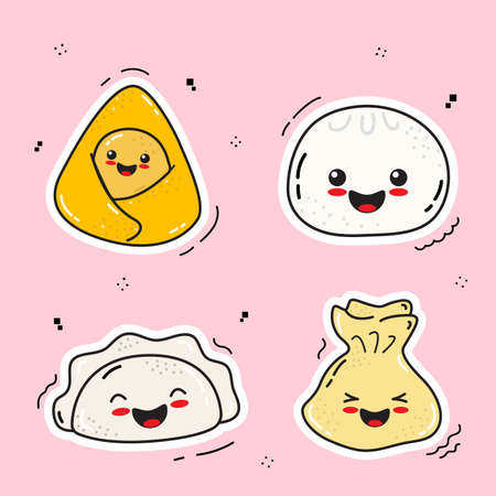 Vector illustrations Hand drawn of design cartoon characters.  stamps or stickers with abstract funny cute comic charactersのイラスト素材