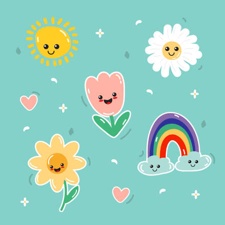 Vector illustrations Hand drawn of design cartoon characters.  stamps or stickers with abstract funny cute comic charactersのイラスト素材