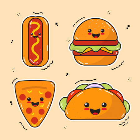 Vector illustrations Hand drawn of design cartoon characters.  stamps or stickers with abstract funny cute comic charactersのイラスト素材