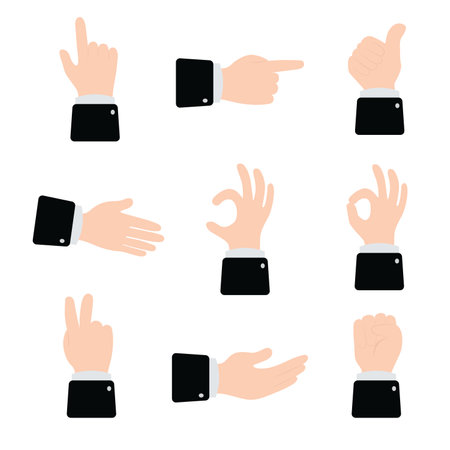 Hands collection line icon. Hand counting and hand gesture icon such as like, love, fist . black line. isolated backgroundのイラスト素材