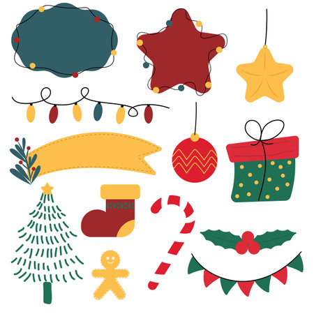 icon Set of Vector Christmas .Gift, Pine, Ball,  Gingerbread Man.のイラスト素材