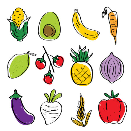 Vector. Icon set  vegetables, fruits, hand drawn. isolated backgroundのイラスト素材
