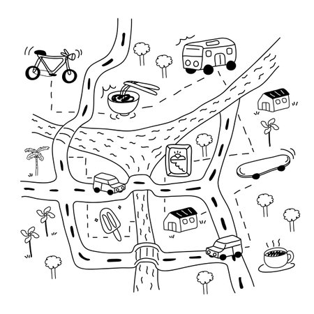 Vector illustration of a city map with road, cars, trees and other objectsのイラスト素材