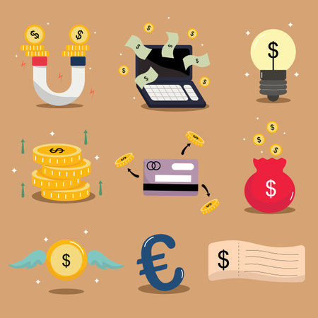Money icon collection vector, investment, gold, money bag, isolated backgroundのイラスト素材