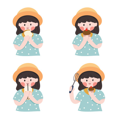 Vector illustration of a girl wearing a hat. Holding candy. Drinking water. Isolated color background.のイラスト素材