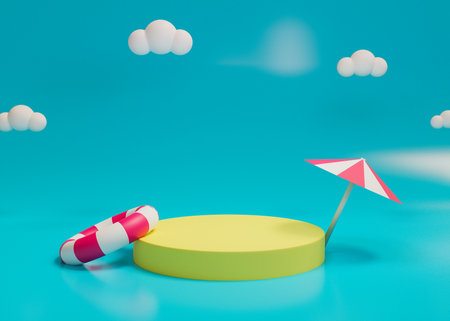 3D rendering scene with podium and abstract background. sumner background. podium for cosmetic product presentation.の写真素材
