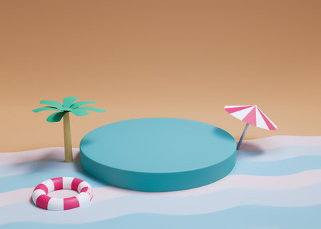 3D rendering scene with podium and abstract background. sumner background. podium for cosmetic product presentation.の写真素材