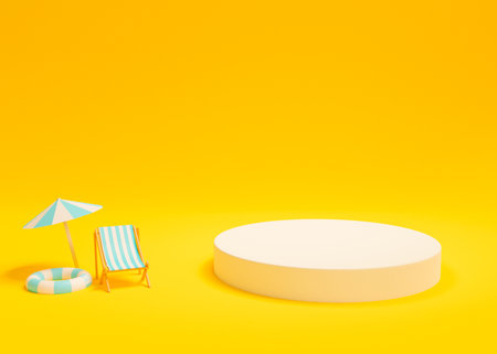3D rendering scene with podium and abstract background. sumner background. podium for cosmetic product presentation.の写真素材