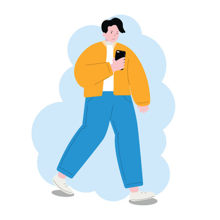 Illustration of a man holding a worktop laptop. Work presentation. Isolated backgroundのイラスト素材