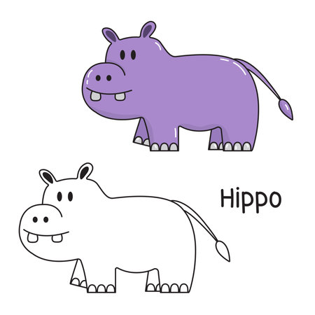 Vector illustration. Coloring book , Coloring hippo. Cartoon animal. Clipart set for nursery poster, Practice skillsのイラスト素材